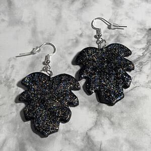 Handcrafted Black Tropical Leaf Earrings With Holographic Glitter NWOT